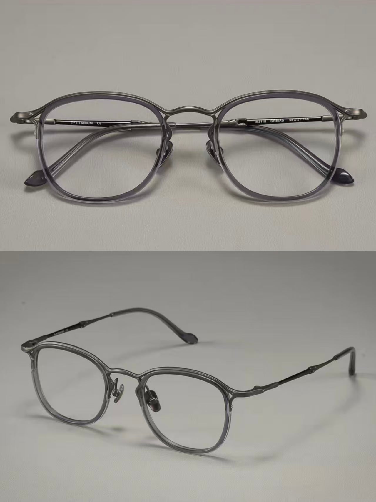 Gray men's titanium-acetate full-rim round-square glasses, supplier composite detail