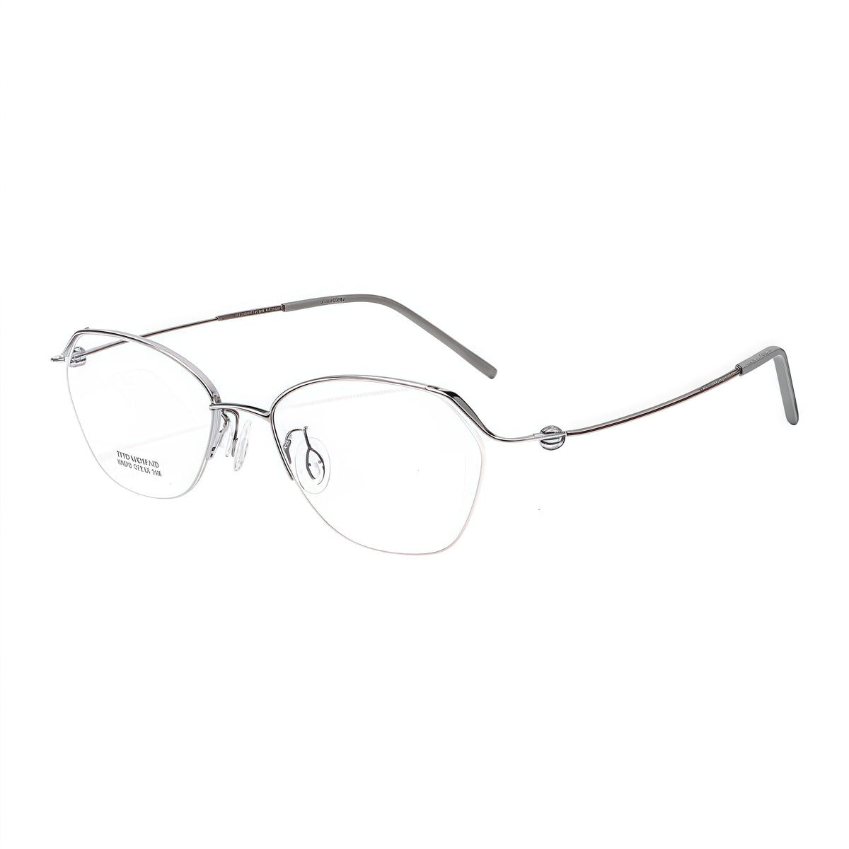 Silver and brown pure-titanium semi-rimless glasses, 45-degree product view
