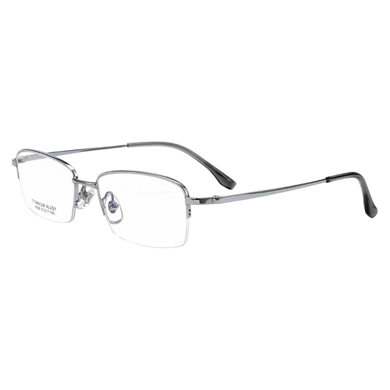Silver classic business rectangular profile semi-rimless eyeglass frame, three-quarter product view