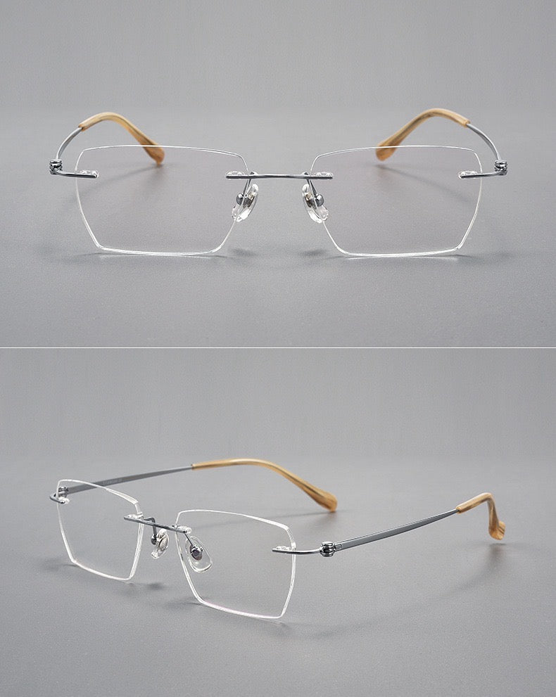 Silver men's pure titanium and lightweight acetate rimless geometric glasses, supplier front and three-quarter views