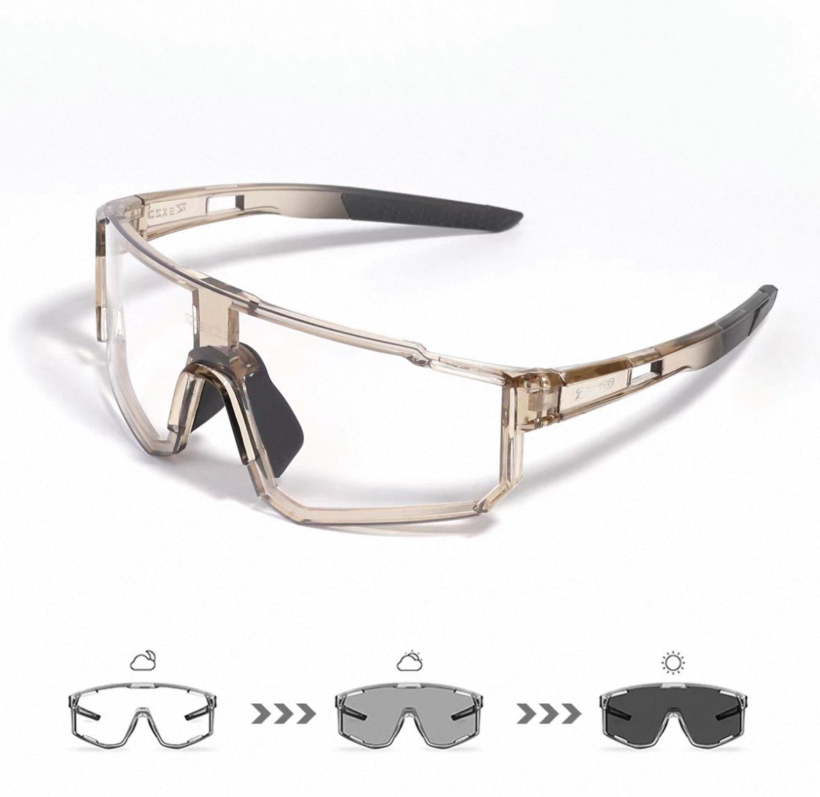 Crystal Brown Frame/Photochromic Grey Lens front and 45-degree product views of Wraparound Windproof Dustproof Sports Sunglas