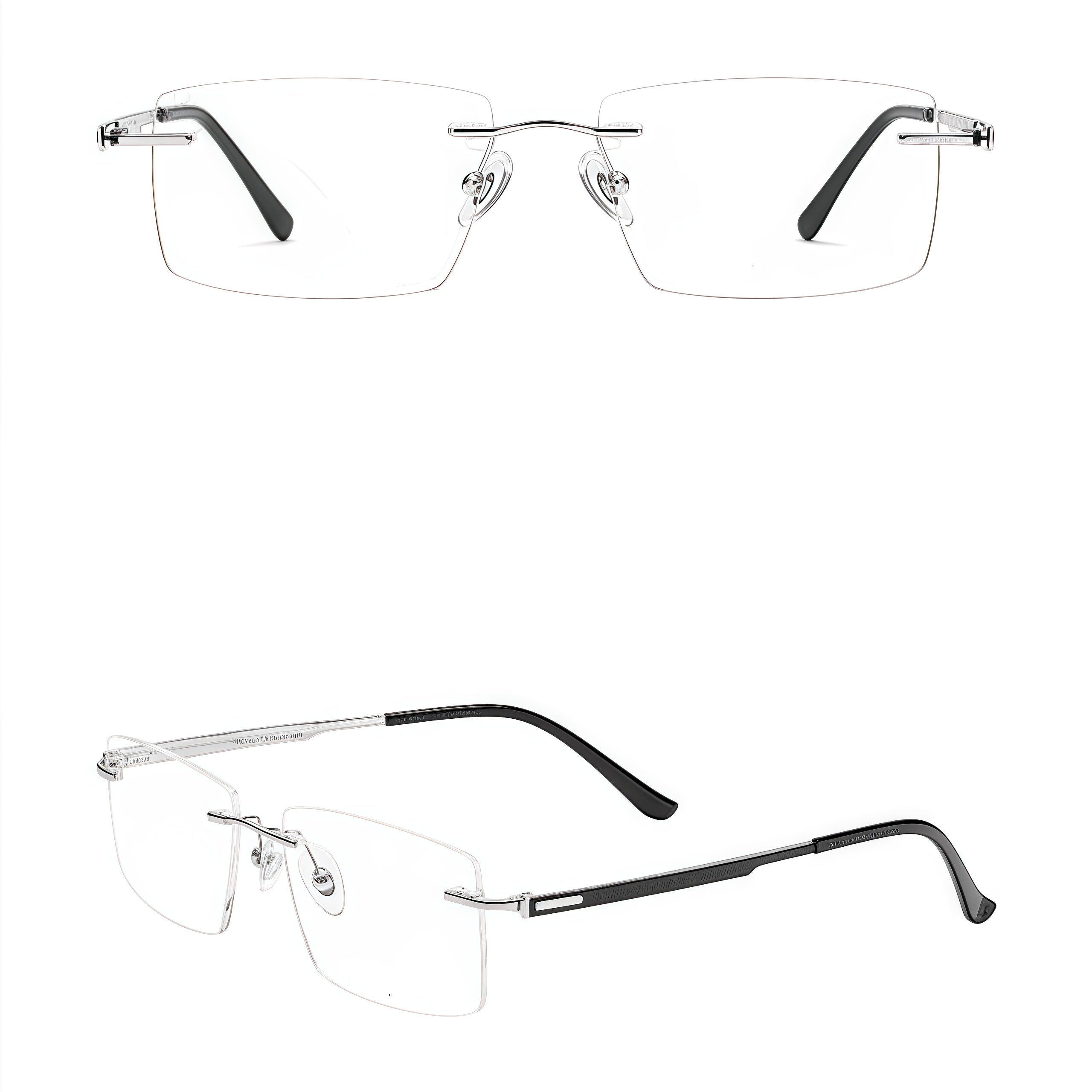 Silver men's pure-titanium rimless textured-temple glasses, front and 45-degree composite