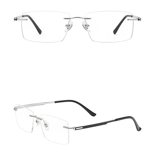 Silver men's pure-titanium rimless textured-temple glasses, front and 45-degree composite