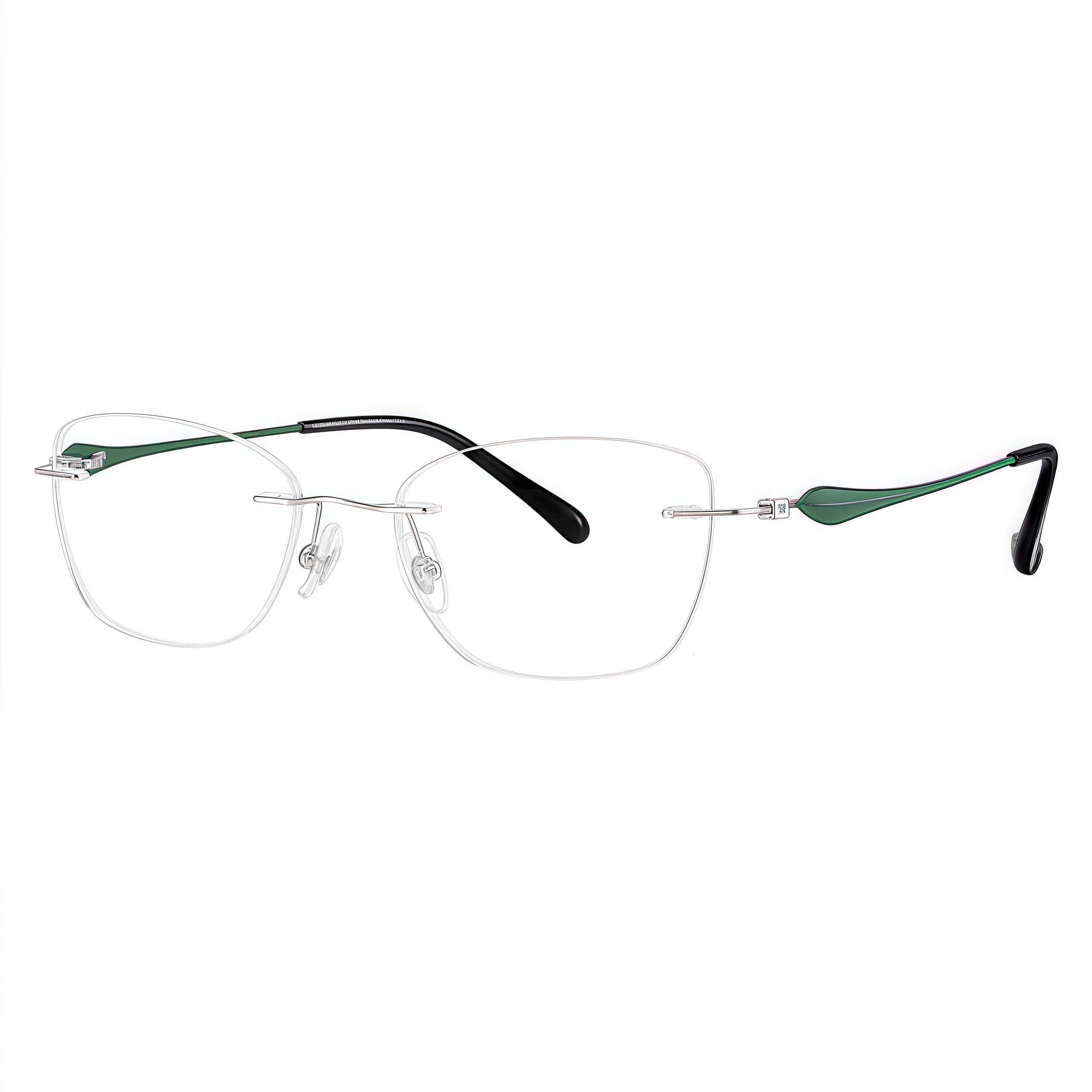 Green/Silver rimless soft butterfly pure titanium eyeglass frames, supplier front and angle reference