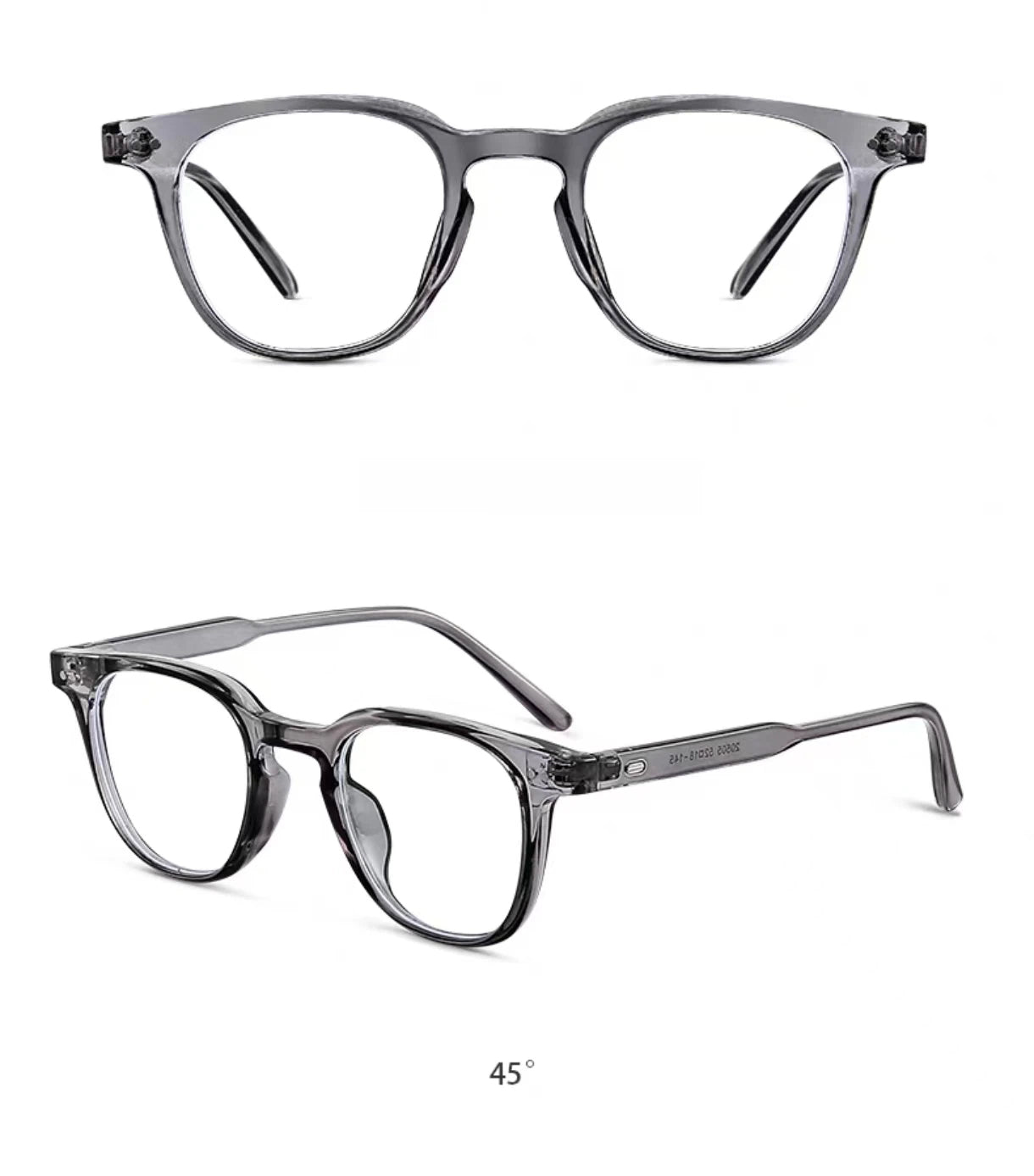 Crystal Gray square full-rim eyeglass frame, front and three-quarter product views