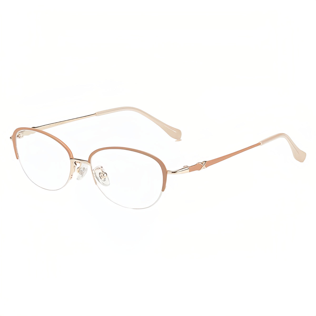 Rose Pink cat-eye semi-rimless eyeglass frame, 45-degree product view