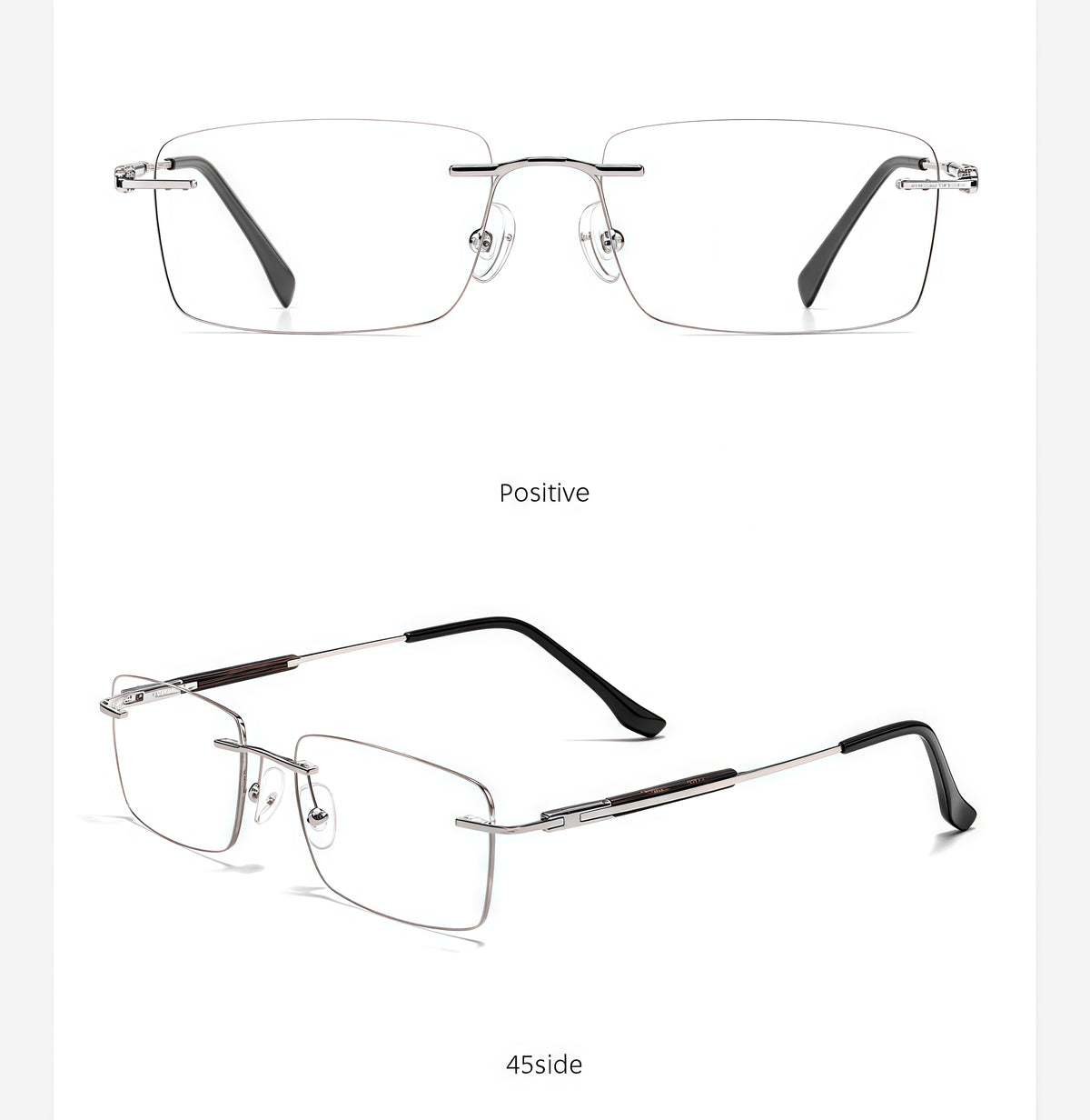 Silver men's alloy rimless rectangular inlay-temple glasses, front and 45-degree composite