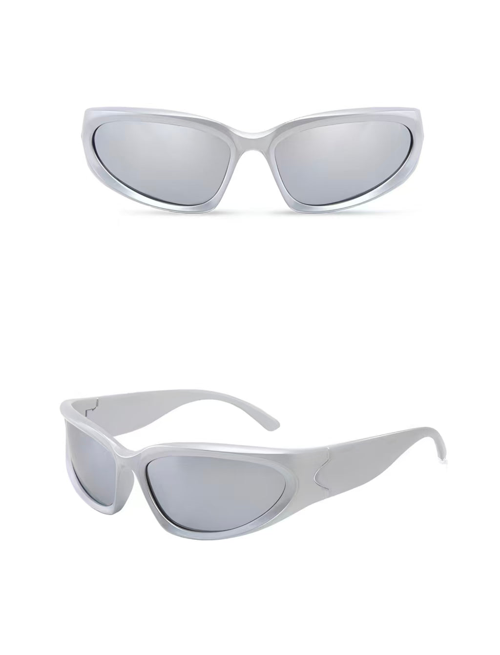 Silver full-rim narrow wraparound polycarbonate sunglasses, front and three-quarter views