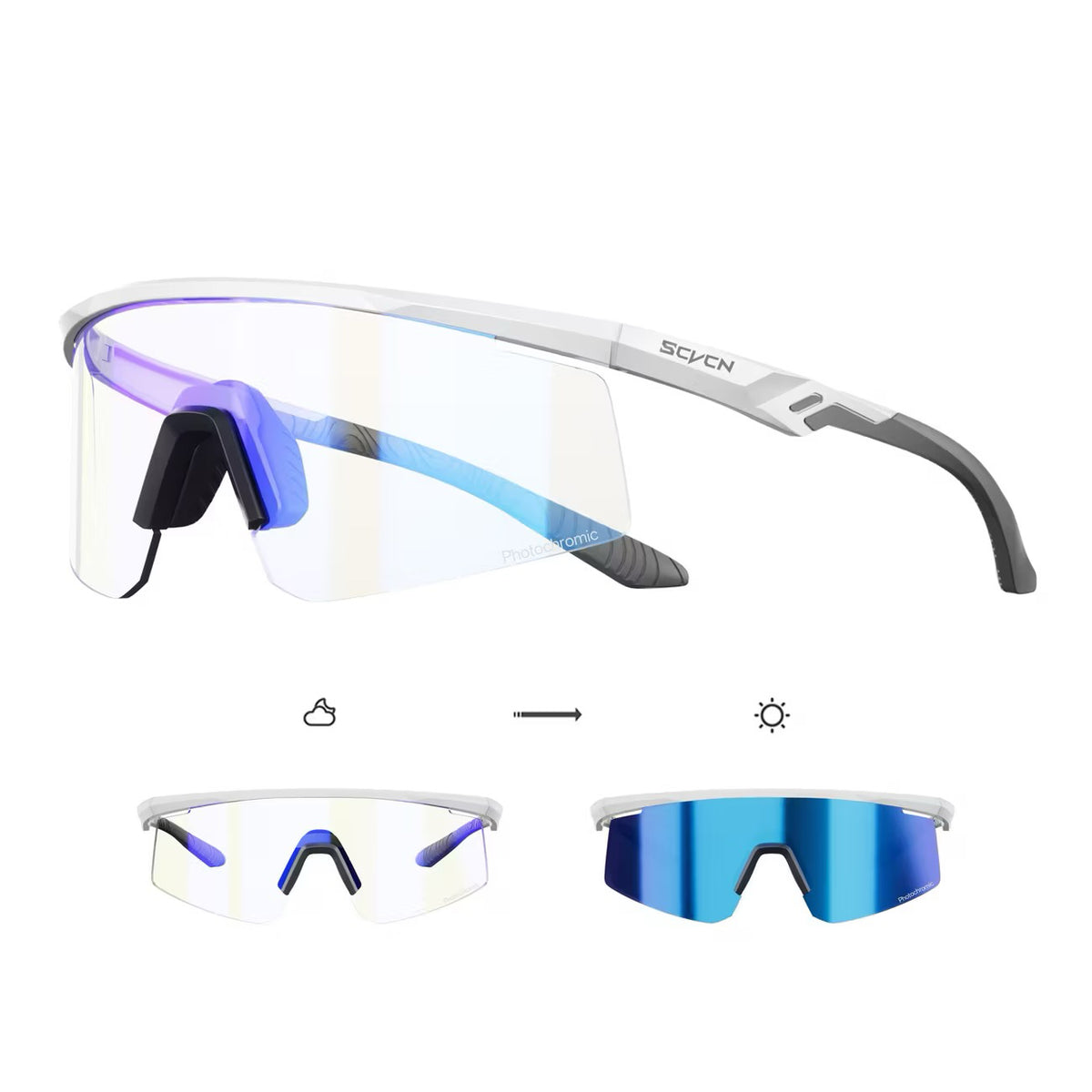 White Frame/Photochromic Blue Lens front and 45-degree product views of Windproof Outdoor Sports Glasses