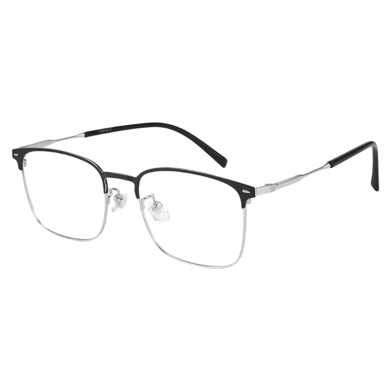Black and Silver sophisticated square browline profile semi-rimless eyeglass frame, three-quarter product view