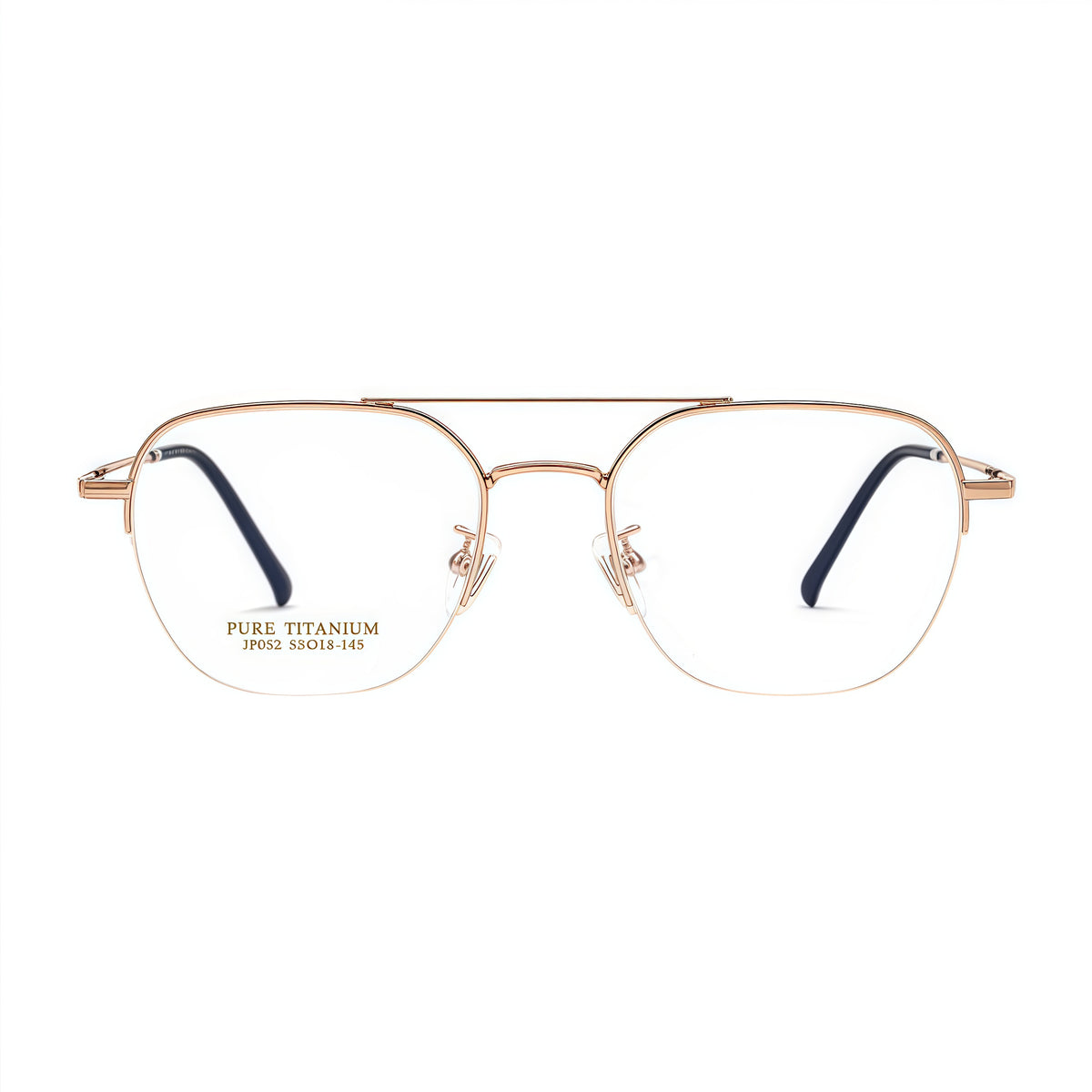 Rose Gold unisex pure titanium double-bridge semi-rimless glasses, front product view