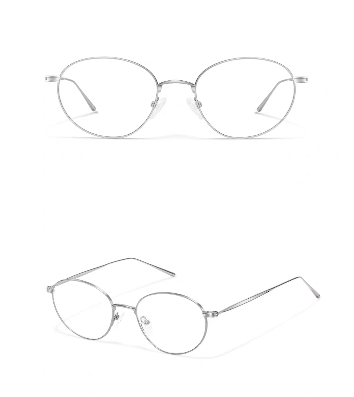 Silver women's ultra-light alloy oval full-rim glasses, original front-and-45-degree composite detail