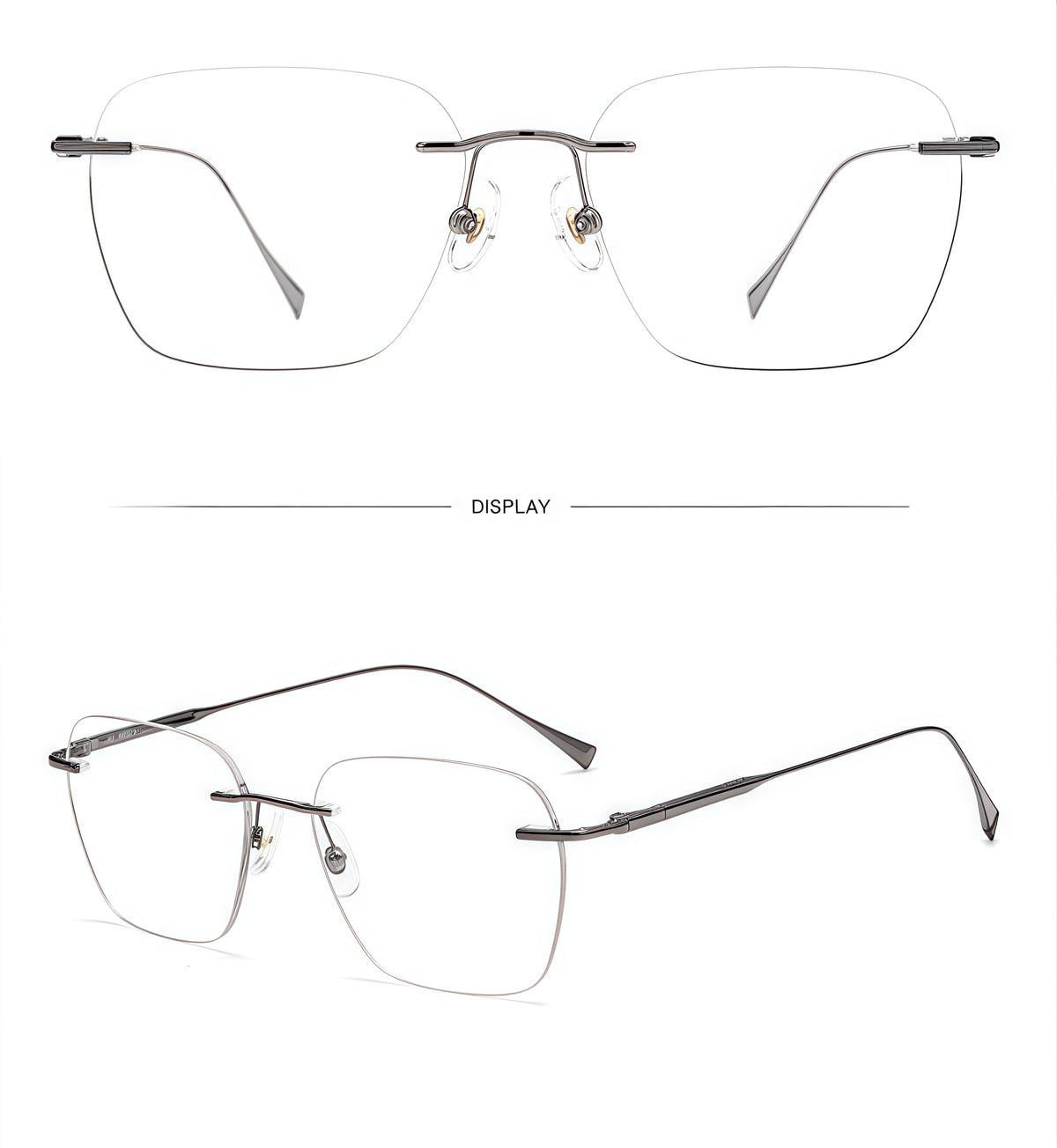 Gunmetal unisex semi-titanium rimless softly-square glasses, supplier composite detail