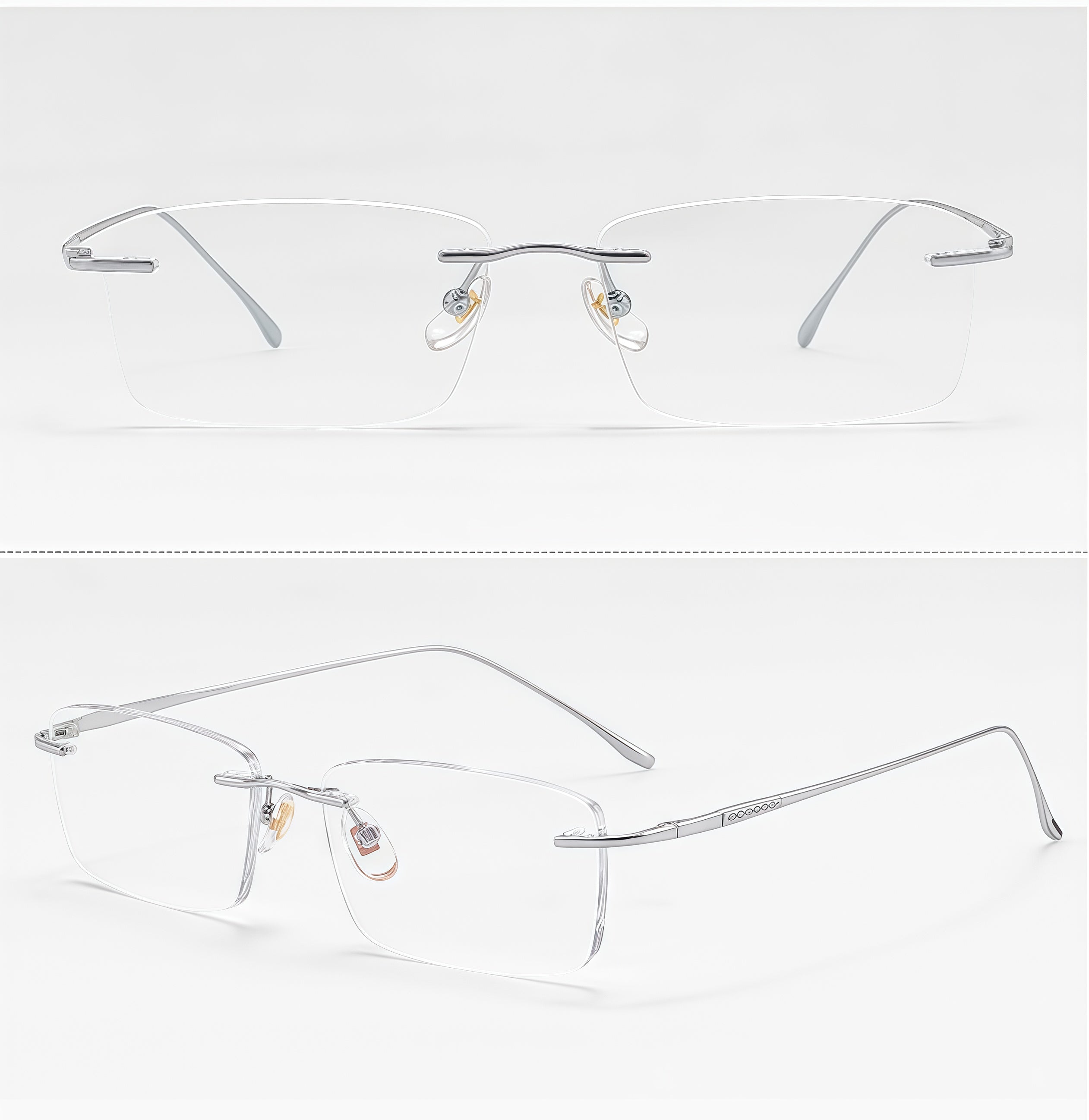 Silver unisex pure titanium rectangular rimless eyeglass frames, product views