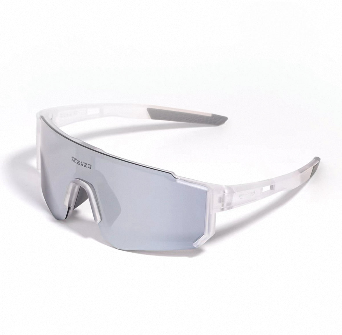 Matte Crystal Clear Frame/Silver Mirror Lens front and 45-degree product views of Wraparound Windproof Dustproof Sports Sungl