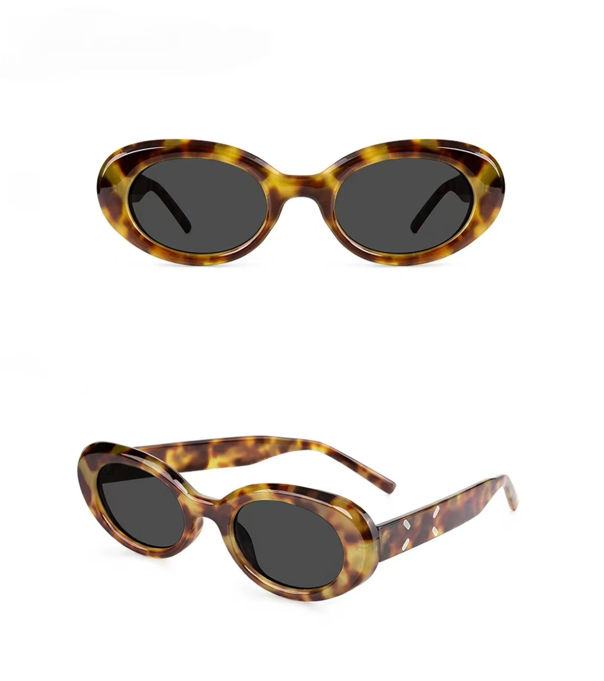 Tortoise Shell full-rim oval polycarbonate sunglasses, front and three-quarter views