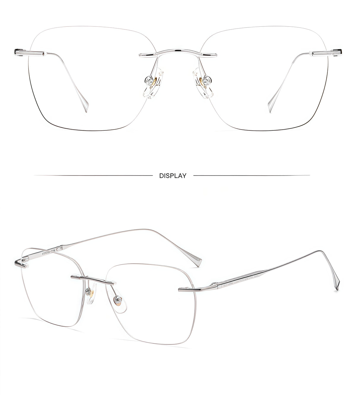 Silver unisex semi-titanium rimless softly-square glasses, supplier composite detail