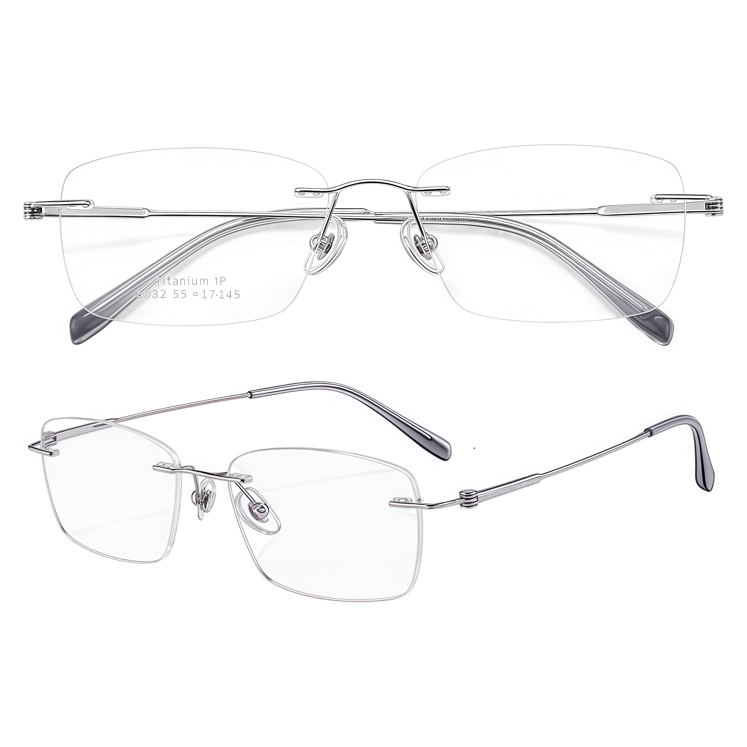 Silver unisex pure titanium rimless rectangular glasses, supplier front and three-quarter views