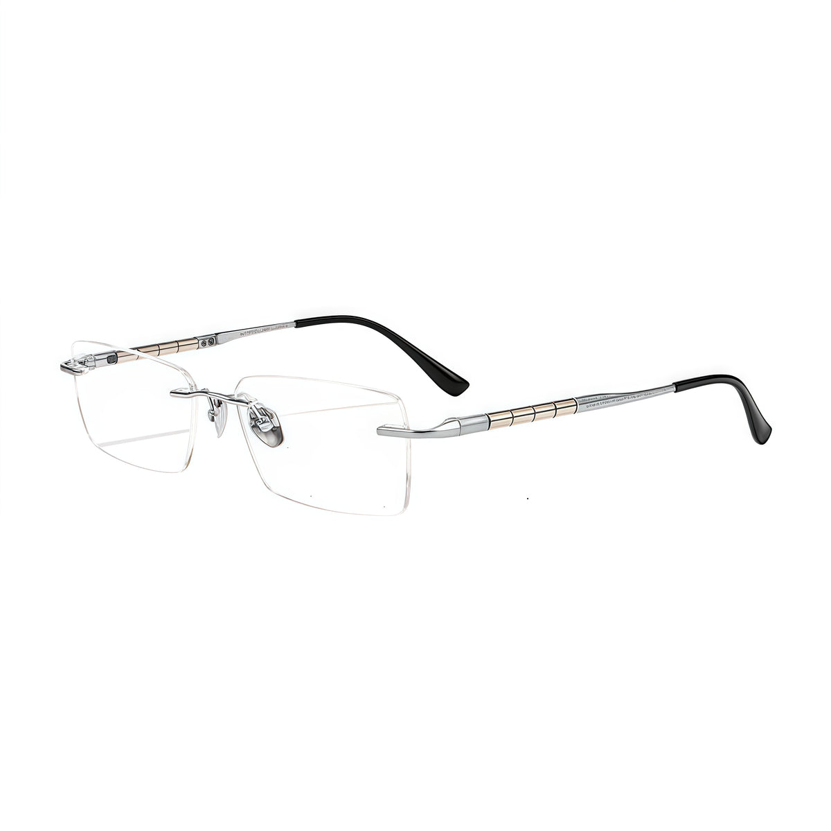 Silver men's semi-titanium rimless segmented-temple glasses, 45-degree product view