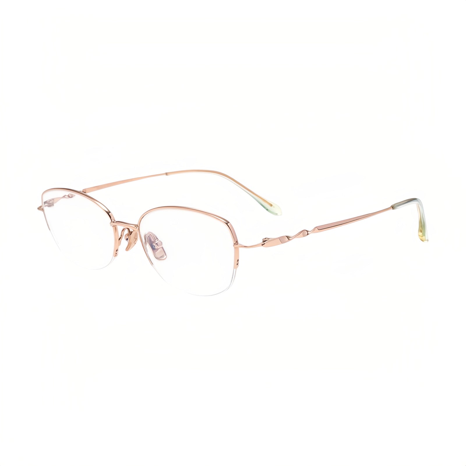 Rose Gold pure titanium semi-rimless eyeglass frame, 45-degree product view