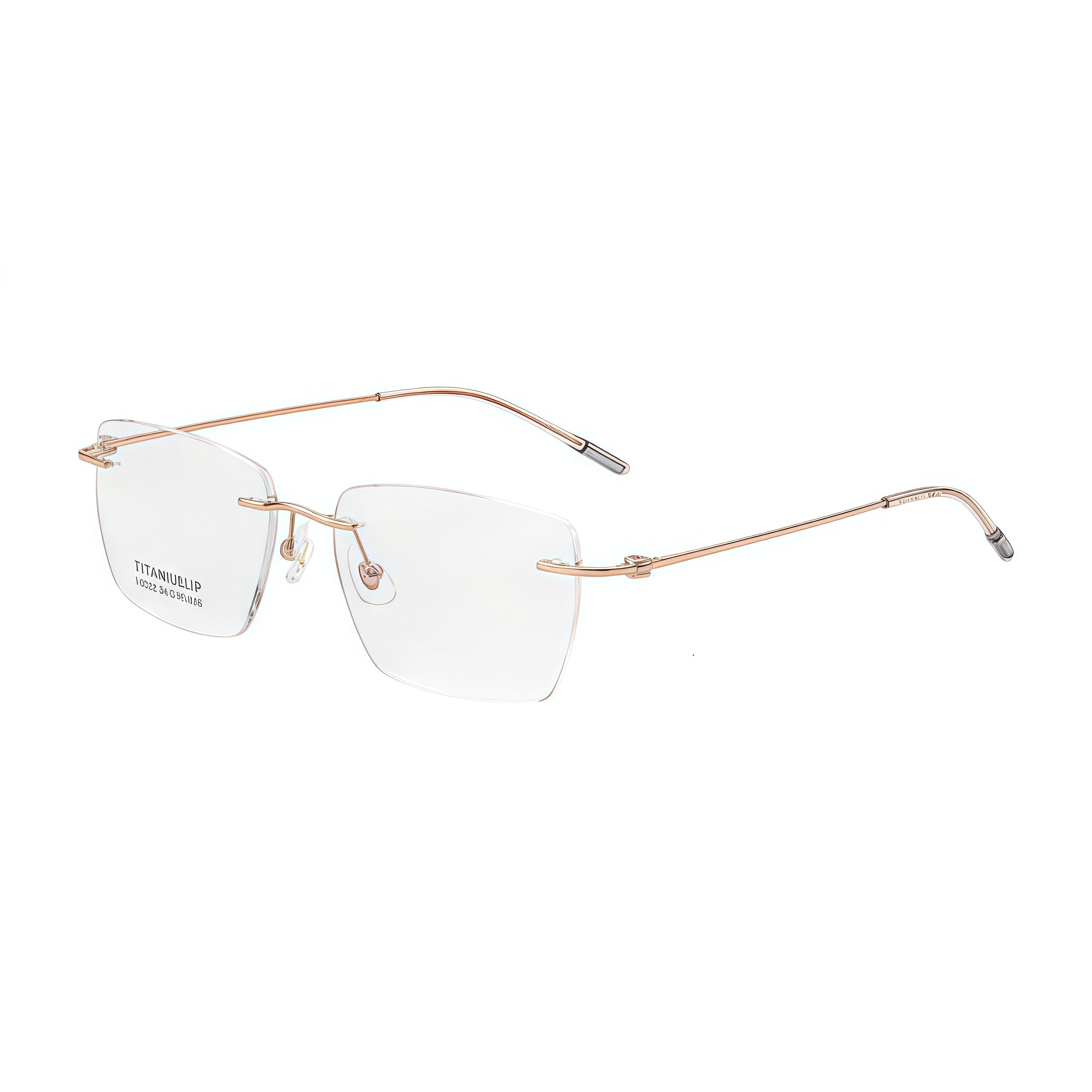 Rose Gold unisex pure titanium rectangular rimless eyeglasses, 45-degree view