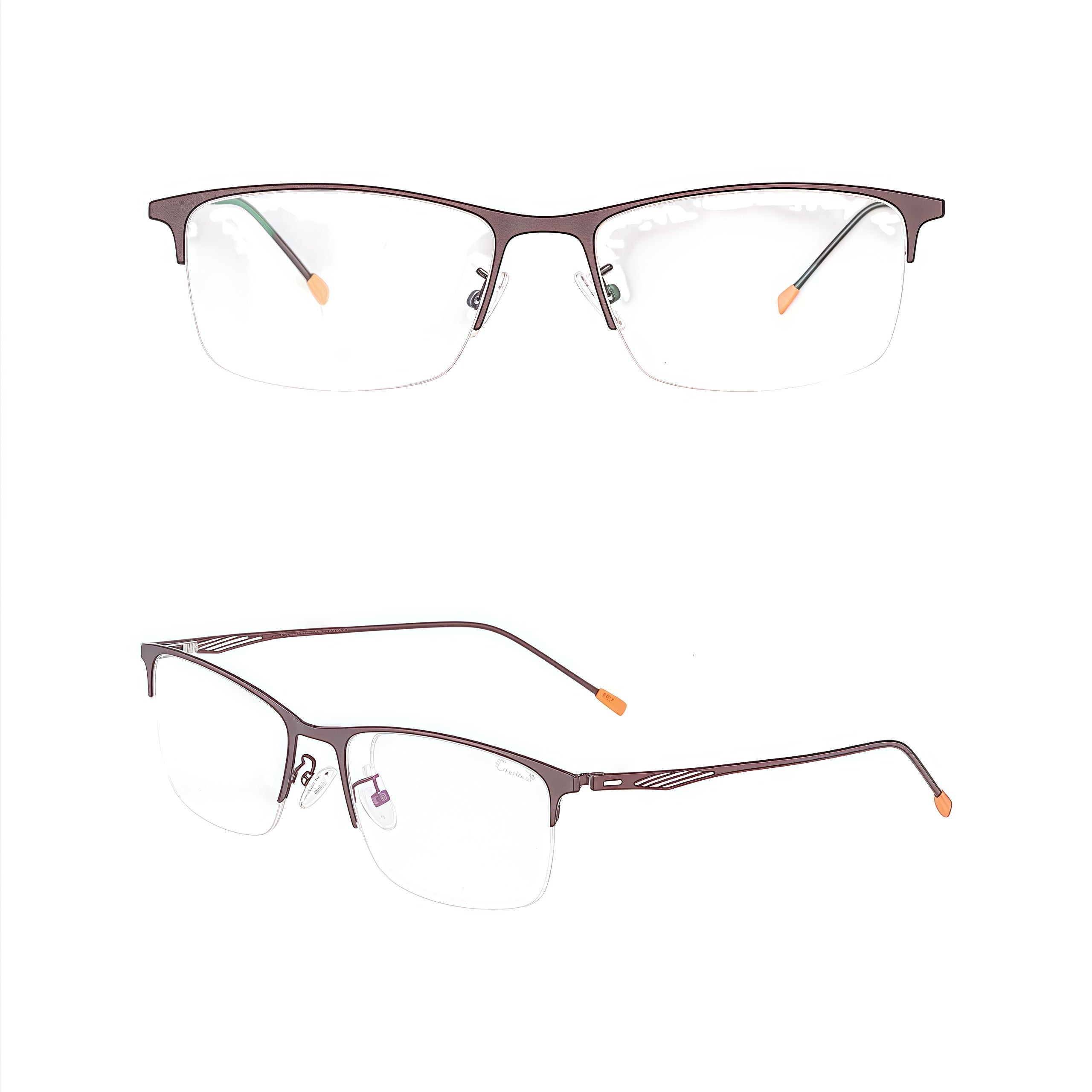 Coffee Brown professional semi-rimless glasses, original front and 45-degree product views