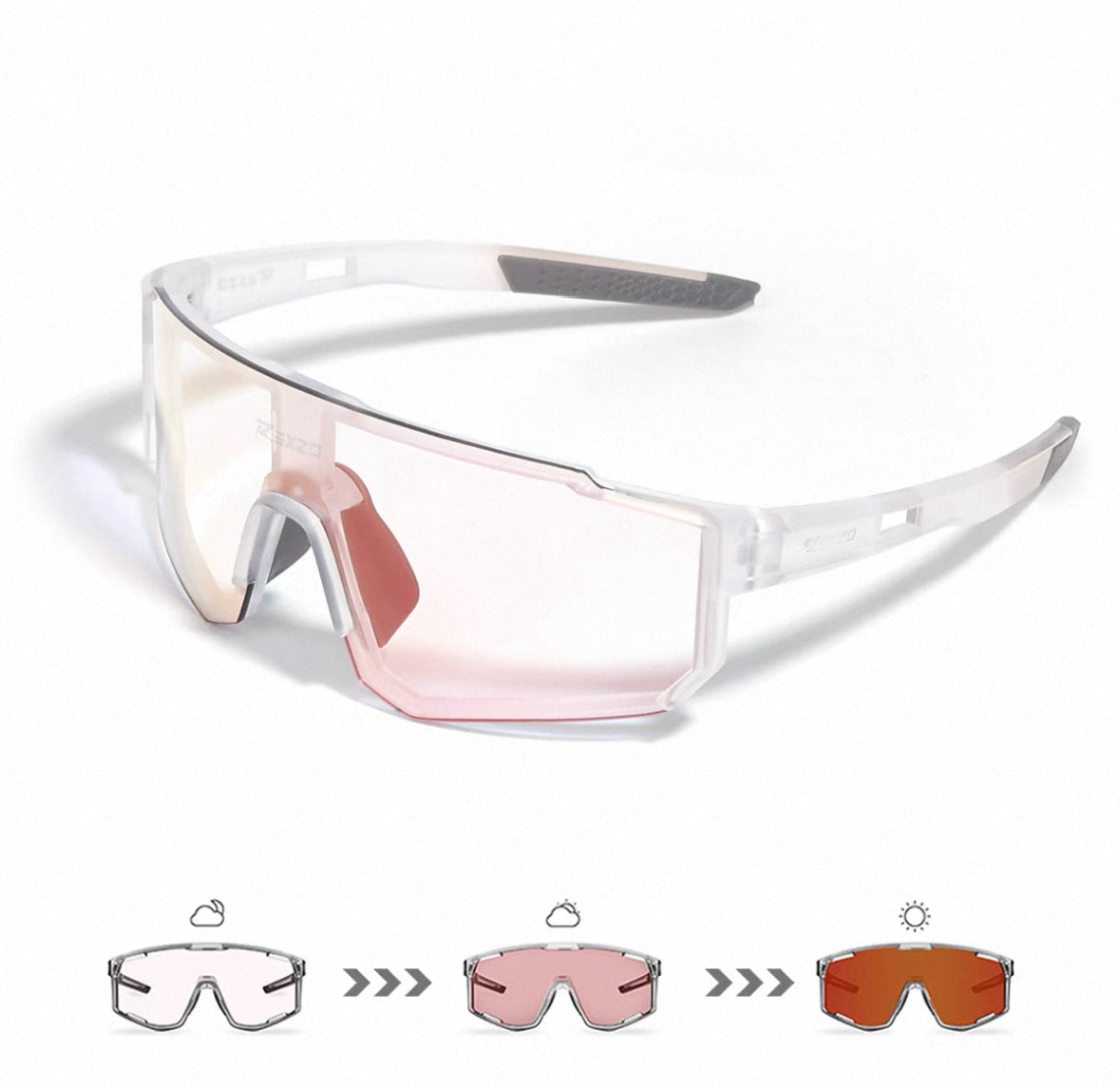 Matte Crystal Clear Frame/Photochromic Red Lens front and 45-degree product views of Wraparound Windproof Dustproof Sports Su