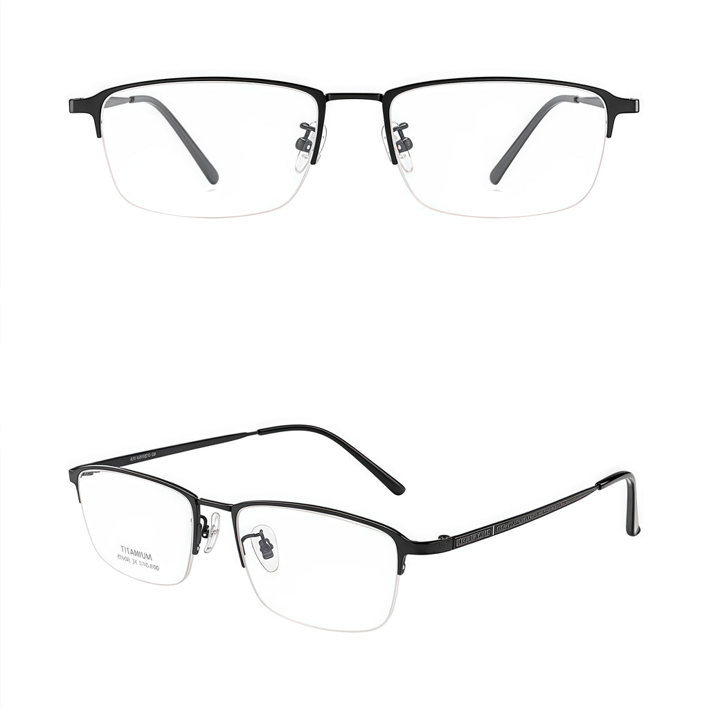 Black men's semi-titanium semi-rimless glasses, original combined front and 45-degree product views