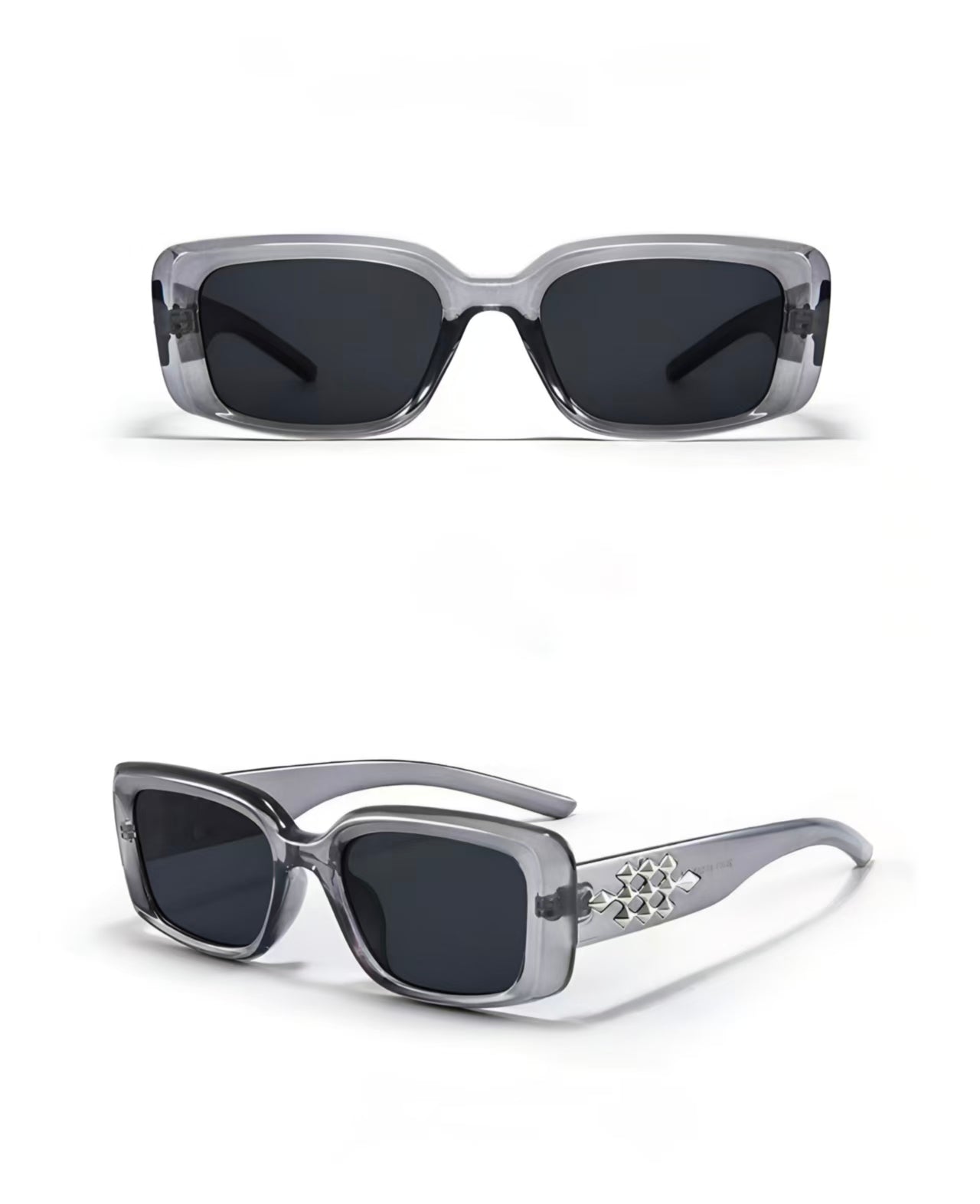 Women’s Gray full-rim square sunglasses, front and three-quarter views