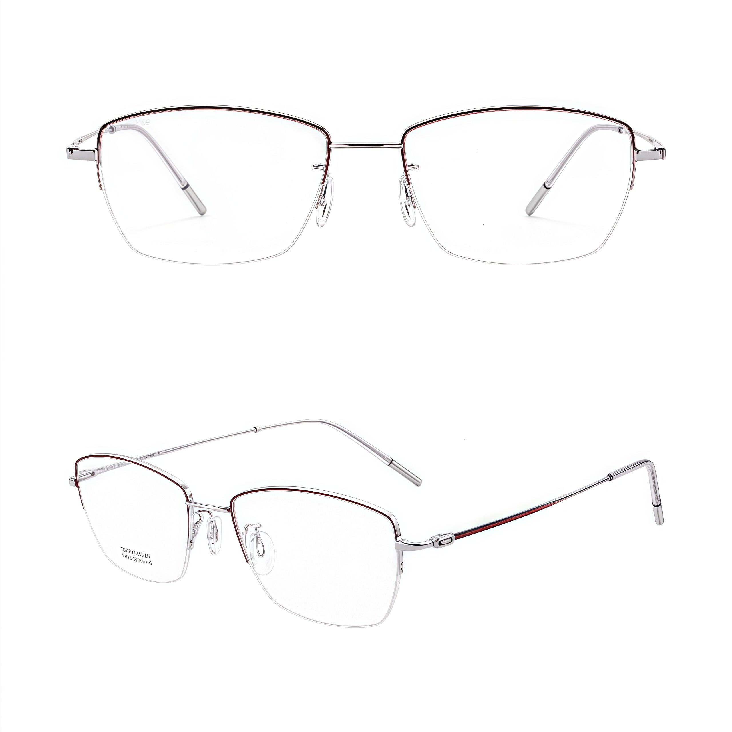 Burgundy and Silver minimalist titanium semi-rimless glasses, original front and 45-degree product views