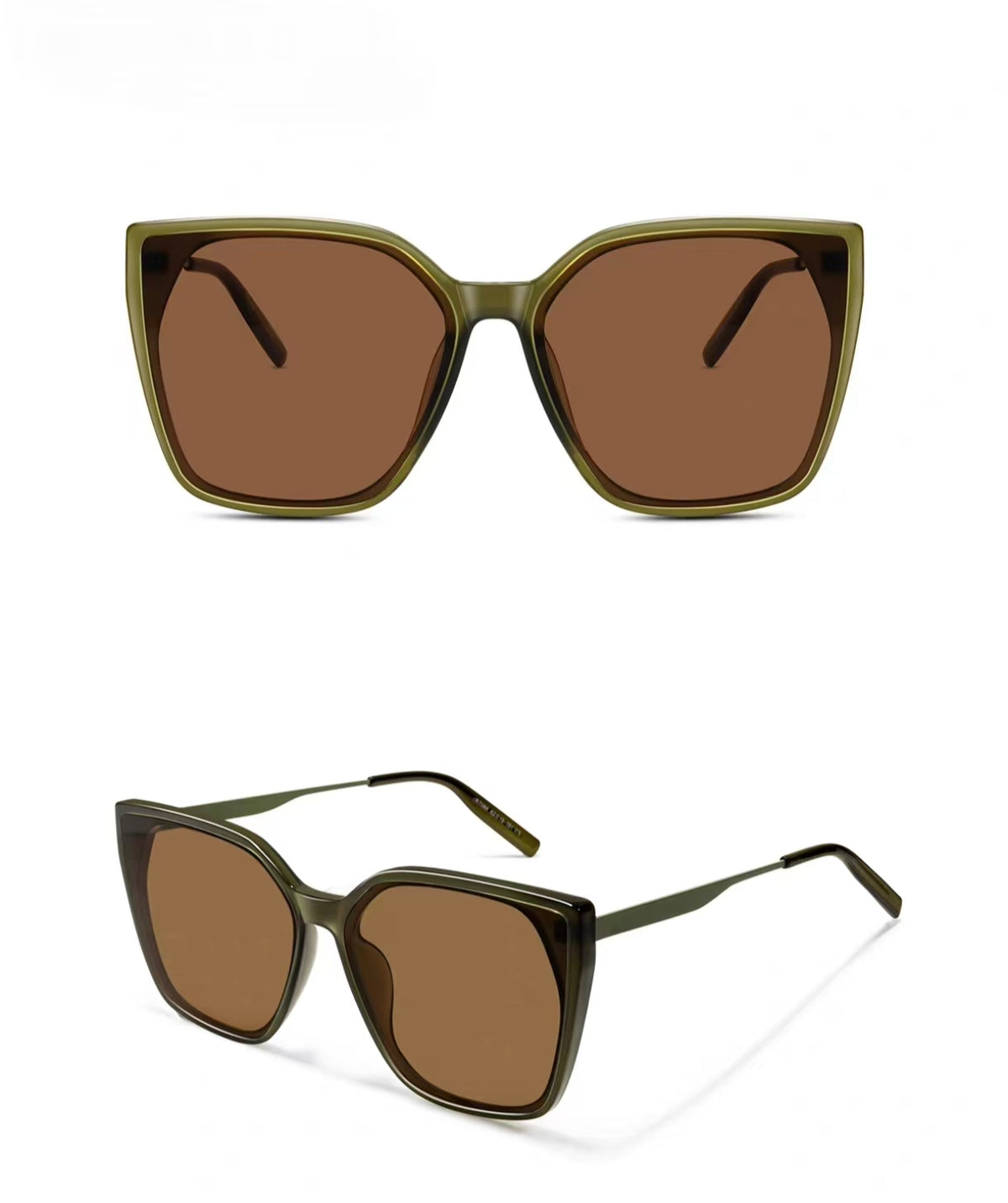 Olive Green full-rim oversized square tr90 sunglasses, front and three-quarter views