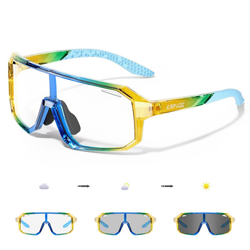 Blue and Yellow Gradient TR90 full-rim photochromic sports sunglasses, colour and lens-state composite