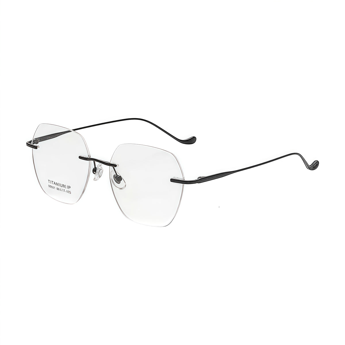Black women pure titanium soft-square rimless eyeglasses, 45-degree view