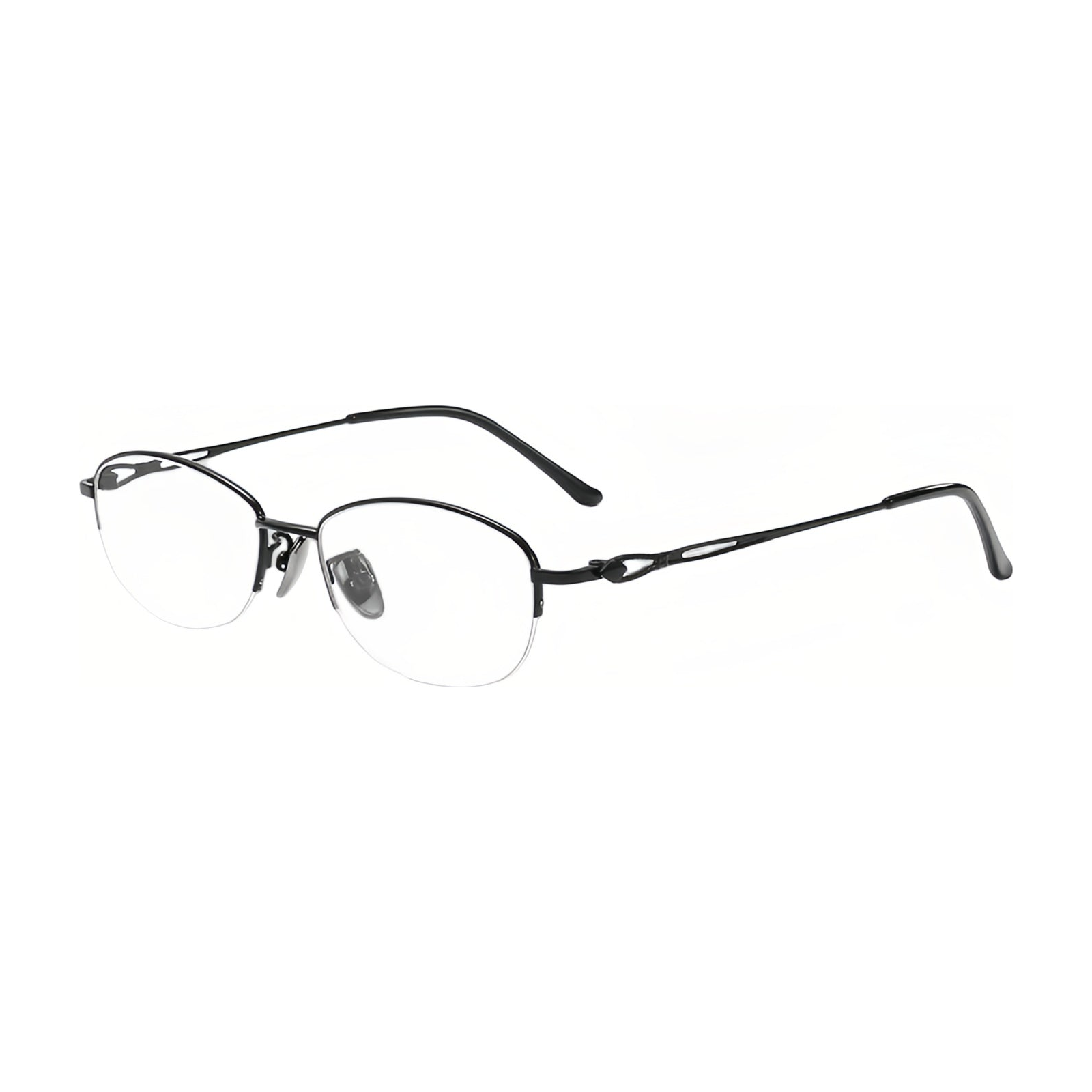 Black elegant alloy semi-rimless eyeglass frame, 45-degree product view