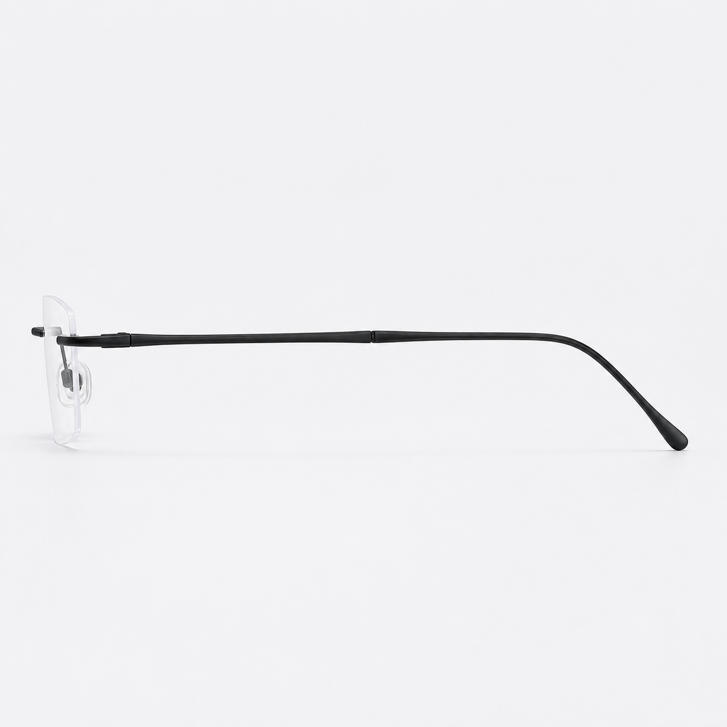 Black beta-titanium rectangular rimless glasses, side and temple product view