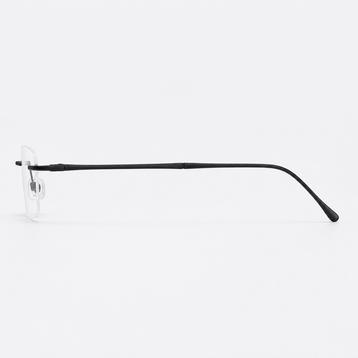 Black beta-titanium rectangular rimless glasses, side and temple product view