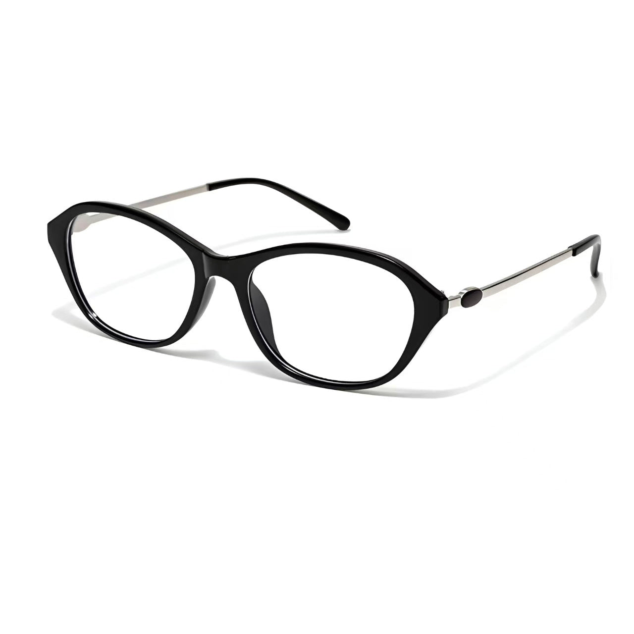 Black cat-eye full-rim eyeglass frame, 45-degree product view