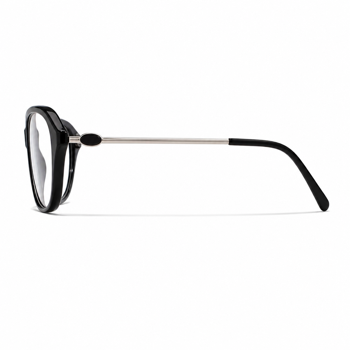 Black cat-eye full-rim eyeglass frame, side-profile product view