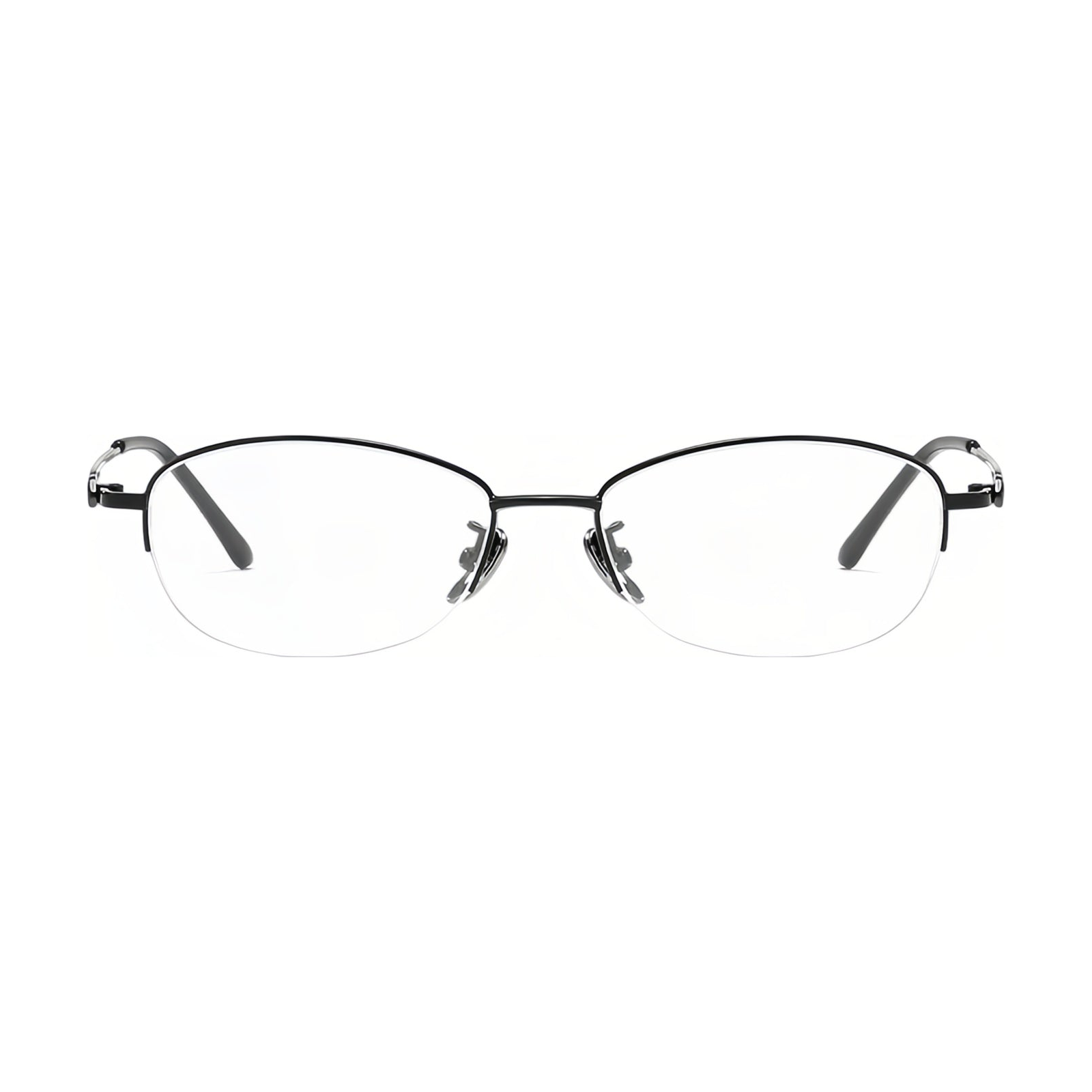 Black elegant alloy semi-rimless eyeglass frame, front product view