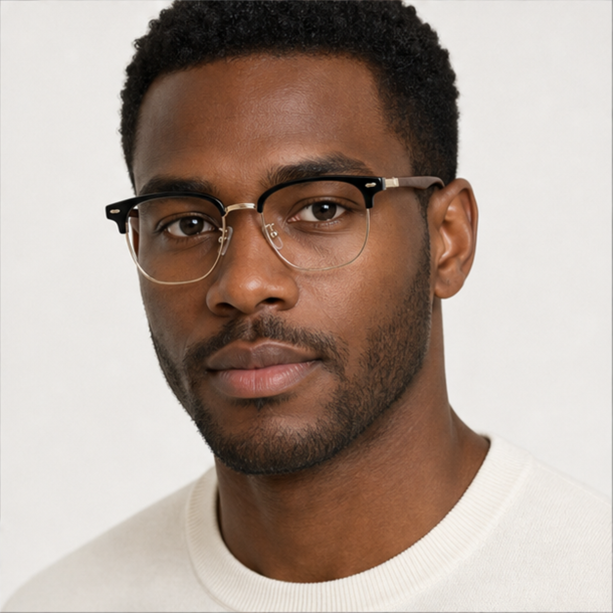 Black/Gold men's vintage TR and alloy semi-rimless glasses worn by an adult Black Man