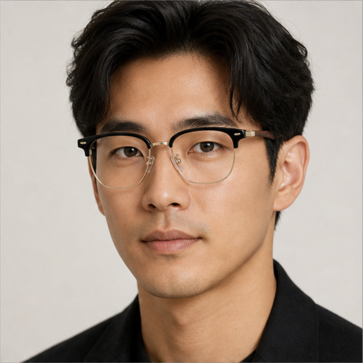 Black/Gold men's vintage TR and alloy semi-rimless glasses worn by an adult East Asian Man