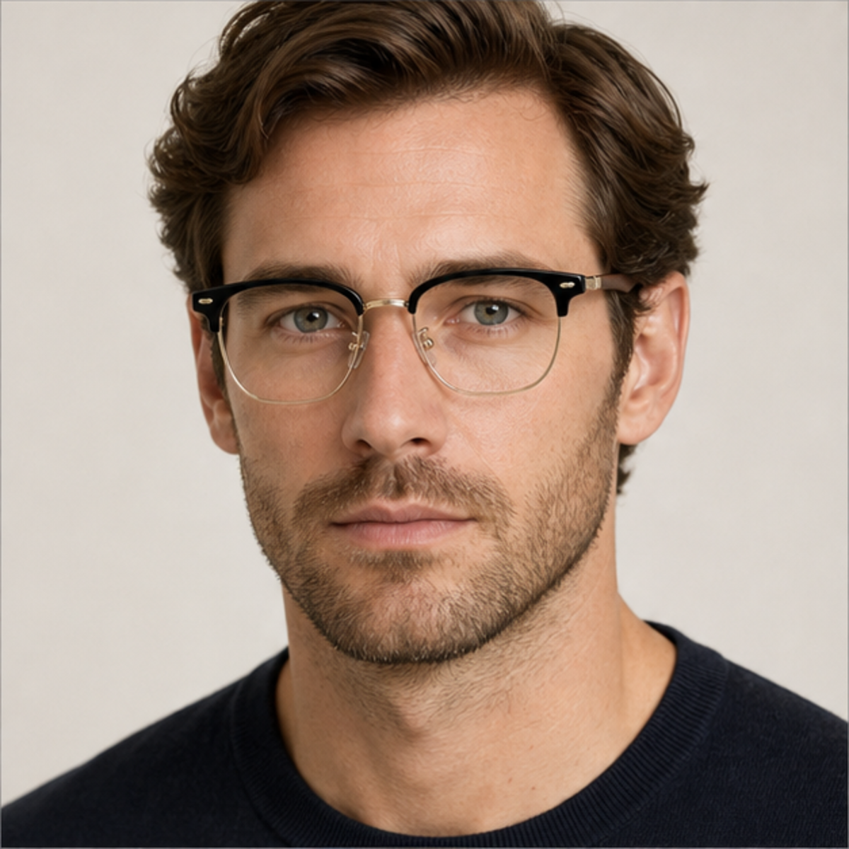 Black/Gold men's vintage TR and alloy semi-rimless glasses worn by an adult White Man