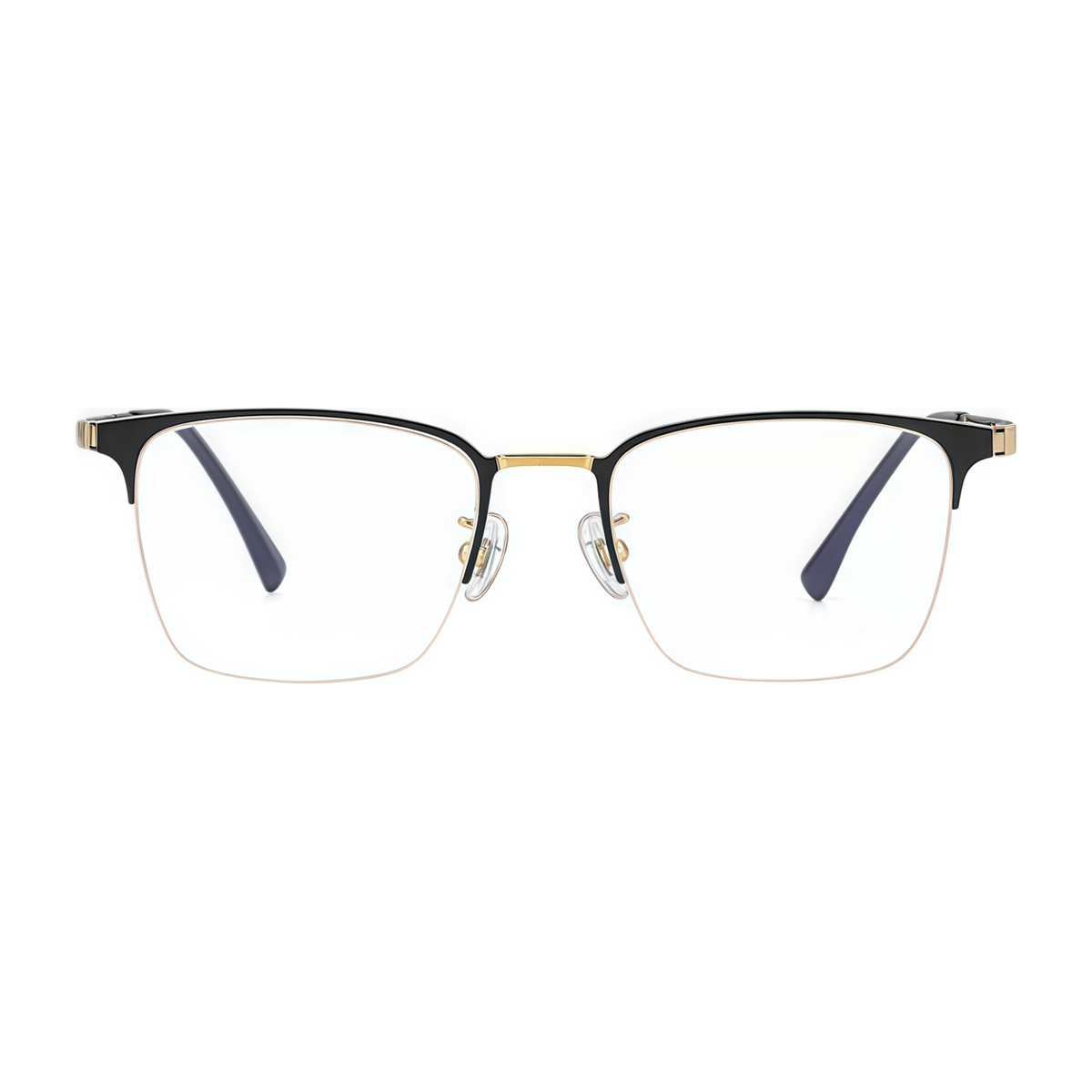 Black/Gold pure titanium semi-rimless eyeglass frame, front product view