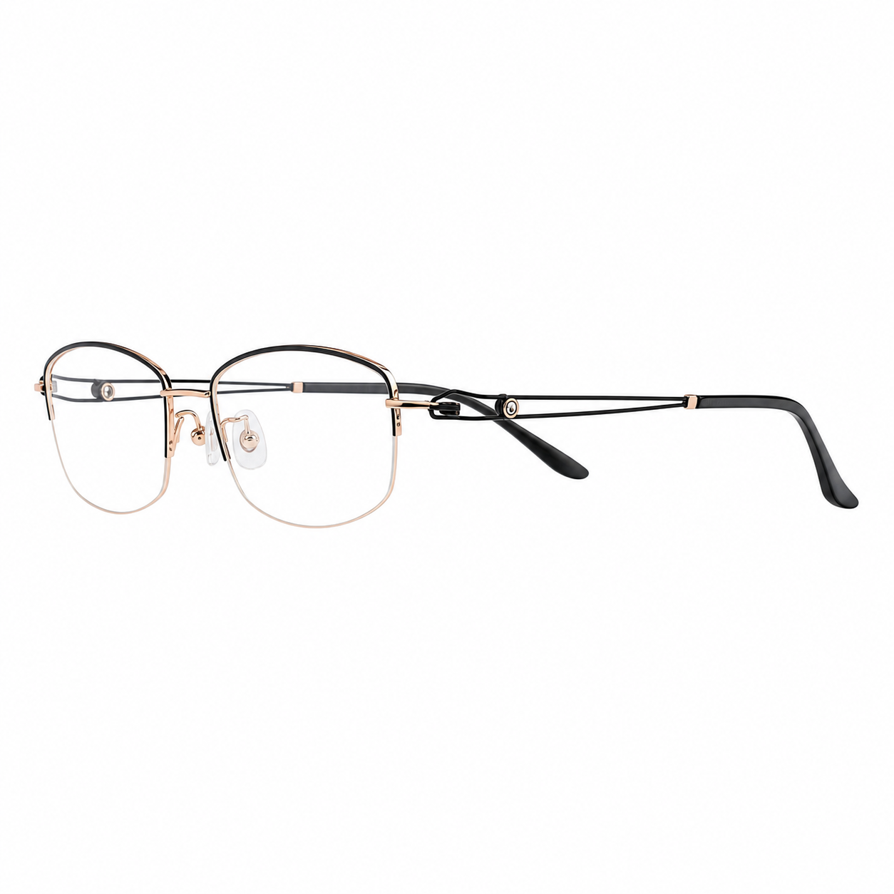 Black/Gold pure titanium semi-rimless glasses, side and temple product view