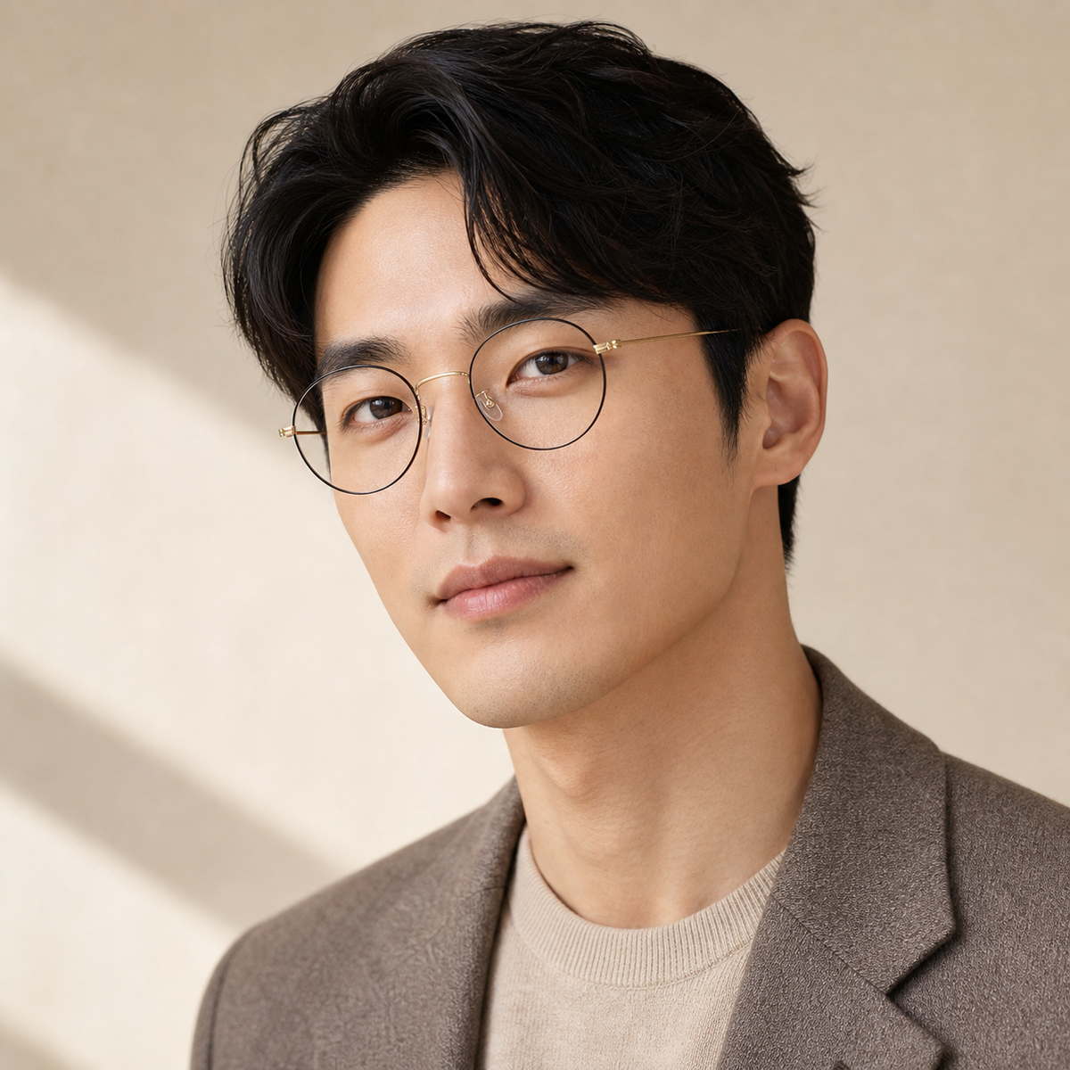 Black & Gold retro slim round glasses worn by an adult East Asian man