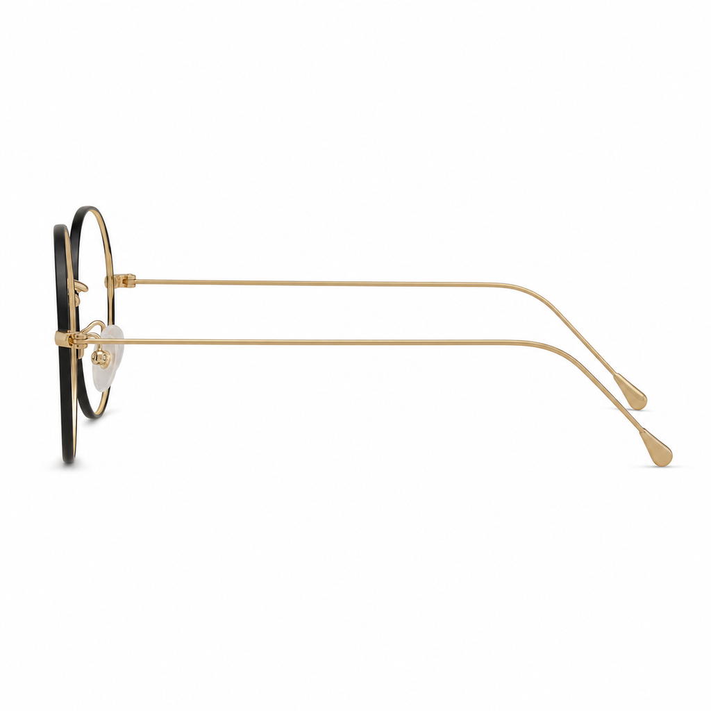 Black & Gold retro slim alloy round full-rim frame, side-profile product view