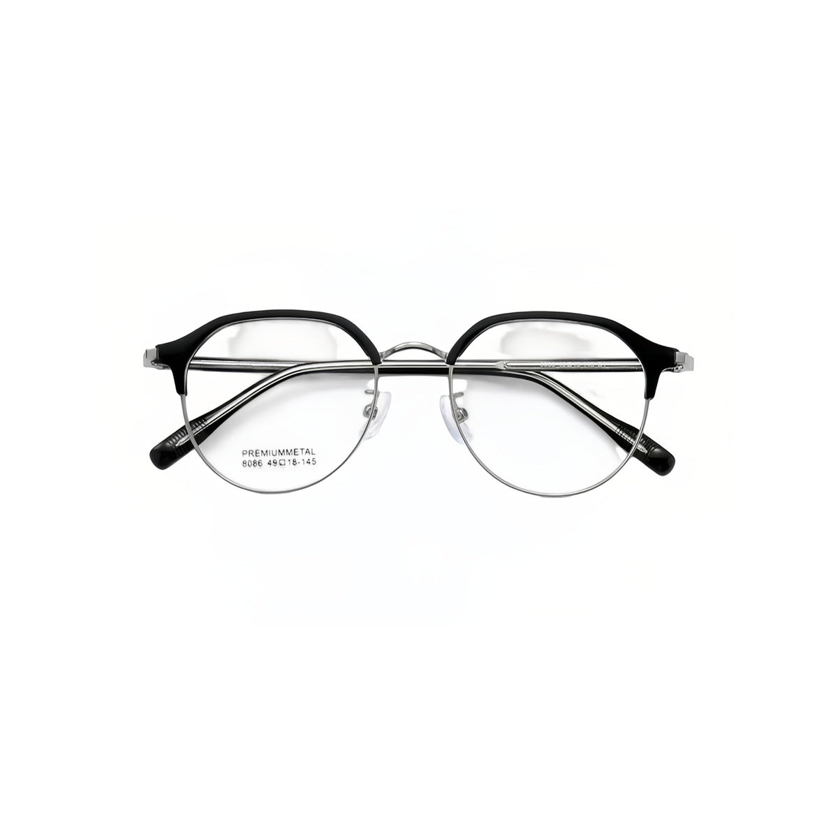 Black/Gunmetal vintage casual rounded semi-rimless browline glasses, front product view