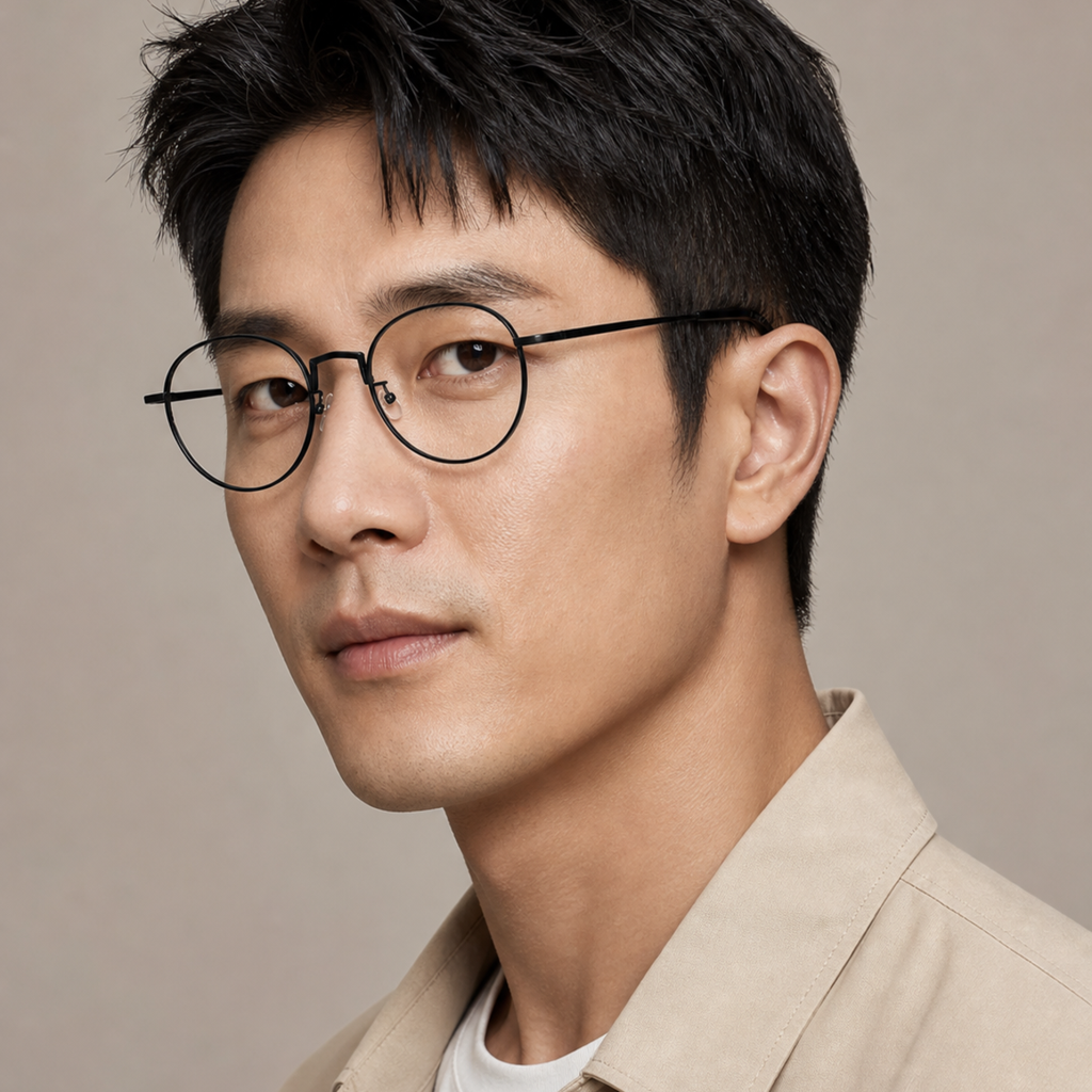Black men's alloy near-round full-rim glasses worn by an adult East Asian man mature