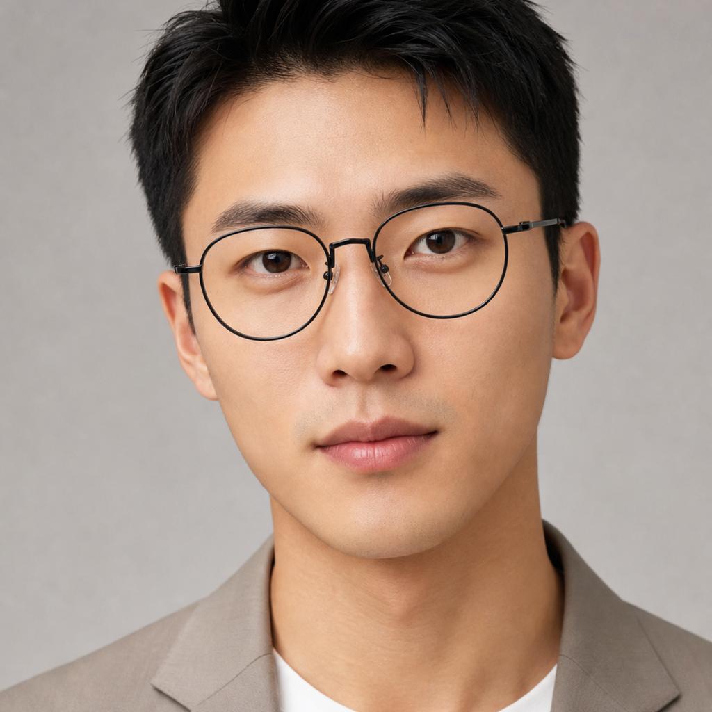 Black men's alloy near-round full-rim glasses worn by an adult East Asian man
