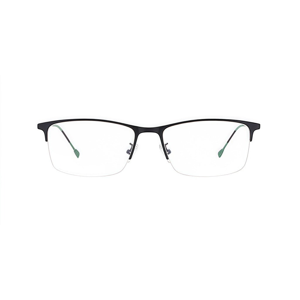 Black slim classic professional alloy semi-rimless glasses, front product view